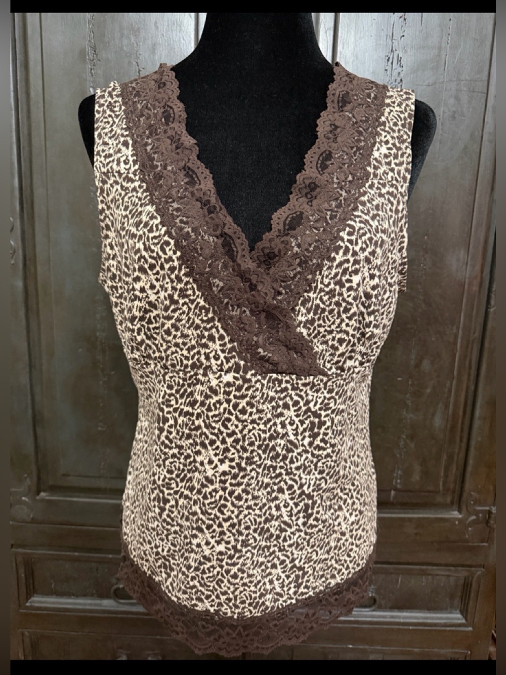 Cato Brown animal pattern lace tank top- large